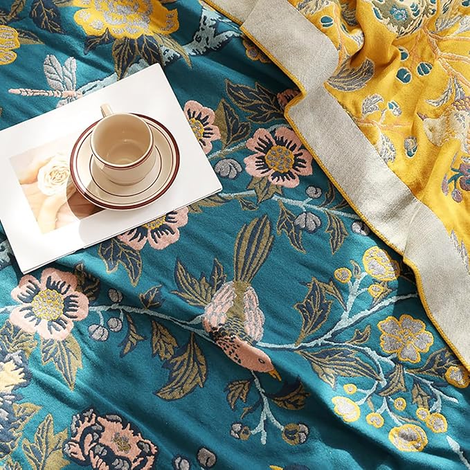 Boho Muslin Blanket for Adults 4-Layer Gauze Twin Size Soft Cozy 100% Cotton Summer Cooling Blanket Floral Decor for Sofa Bed Coverlet Both Sides (Flowr Branch Teal, Twin 60 x 80 in)