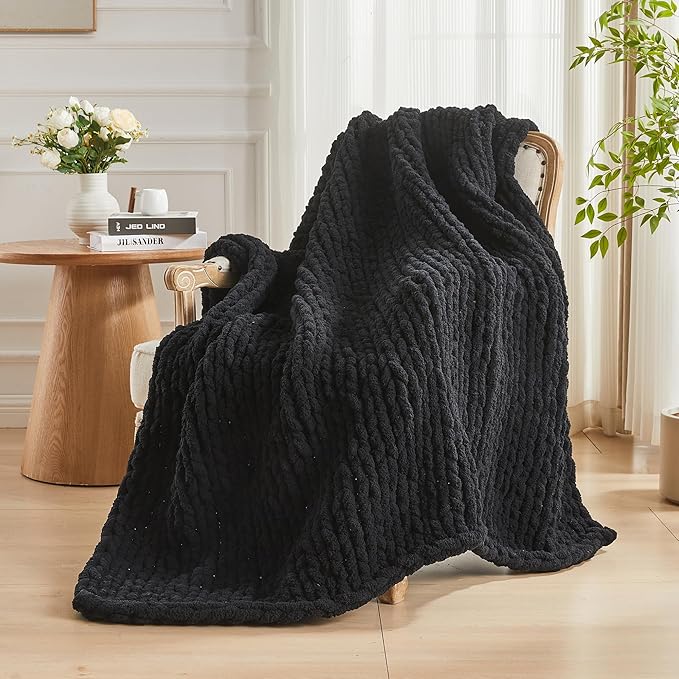 Carriediosa Chunky Knit Throw Blanket 50" X 60", 100% Hand Made Large Chenille Loop Yarn Soft Fluffy Throws for Couch Sofa Bed, Big Crochet Cozy Heavy Thick Cable Woven Blankets, Black