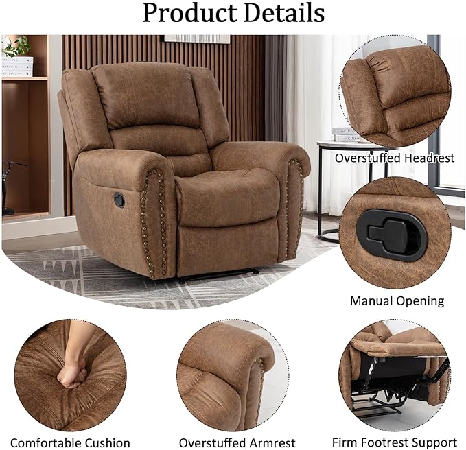 CANMOV Leather Recliner Chair Set of 2, Classic and Traditional Manual Recliner Chair with Comfortable Arms and Back,Manual Single Recliner Sofa for Living Room, Camel
