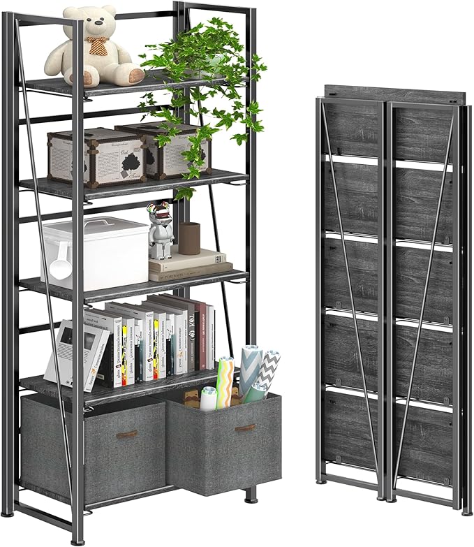 4NM No Assembly Foldable Bookshelf, 5-Shelf Collapsible Bookcase Storage for Small Spaces, 62.2" H, Gray and Black