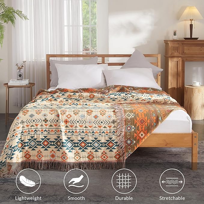 Boho Throw Blanket for Couch Sofa Bed, 100% Cotton Woven Quilt with Tassel 60”x80”, Super Soft Muslin Blanket with Patchwork Printed, Decorative Reversible Bed Blanket/Cover for All Seasons