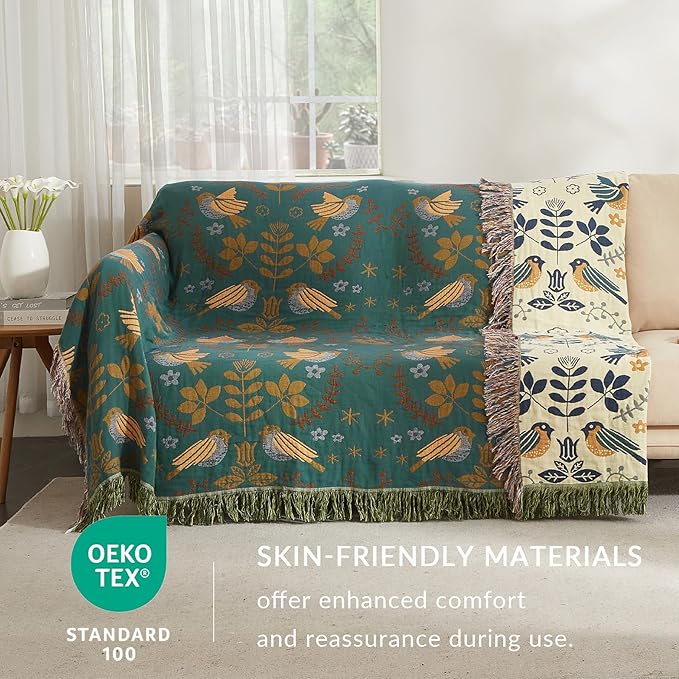 Boho Throw Blanket for Couch Sofa Bed, 100% Cotton Woven Quilt with Tassel 60”x80”, Super Soft Muslin Blanket with Bird Printed, Decorative Reversible Bed Blanket/Cover for All Seasons