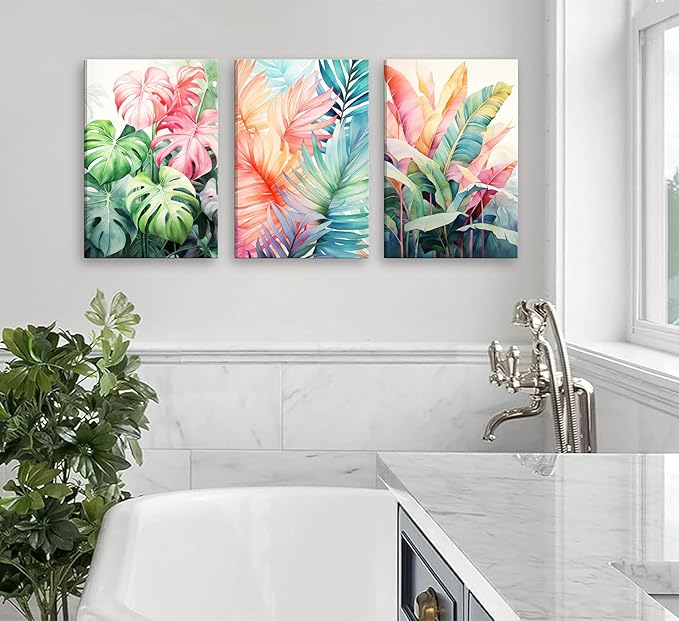 3pcs Framed Tropical Botanical Canvas Wall Art Monstera Leaves Posters Botanical Prints Bohemian style Wall Decor Pictures Palm Leaves Paintings for Bathroom living room Decoration