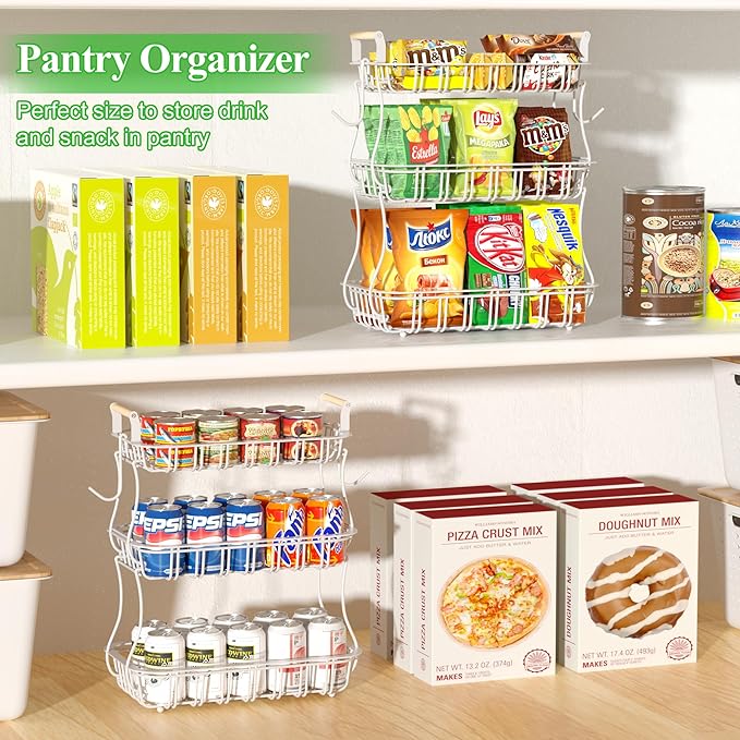 3 Tier Fruit Basket with 2 Banana Hooks, Large Capacity Multifunctional Detachable Sturdy Fruit Bowl with Wooden Handle Mesh Top for Kitchen Counter, for Bread Snacks Vegetables Produce, White