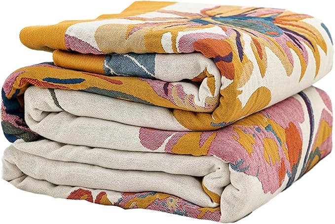 Boho Throw Blanket for Bed 80”x90”, 100% Cotton Woven Blanket for Couch Sofa, Ultra Soft 4-Layer Muslin Quilt with Vintage Floral Printed, Farmhouse Bed Blanket/Cover for Living Room Decor