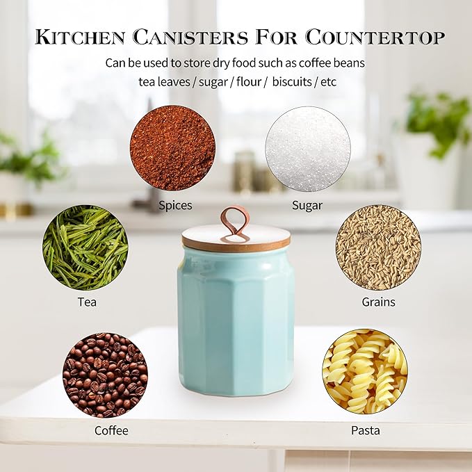 Canister Sets for Kitchen, Kitchen Canisters for Countertop with Airtight Wood Lid, Ceramic Food Storage Containers and Sugar Container for Coffee, Flour, Tea, Candy, Cookie, Spice