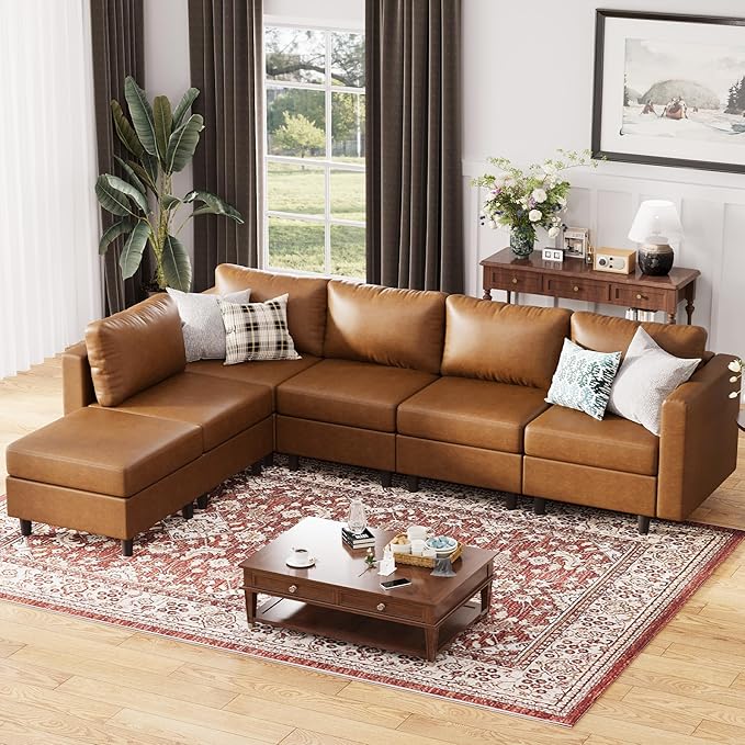 ABCASA 118.5" Faux Leather Modular Sectional Sofa, L Shaped Couch Set for Living Room, 6-Seater Comfy Cloud Couches with Movable Storage Ottoman Brown