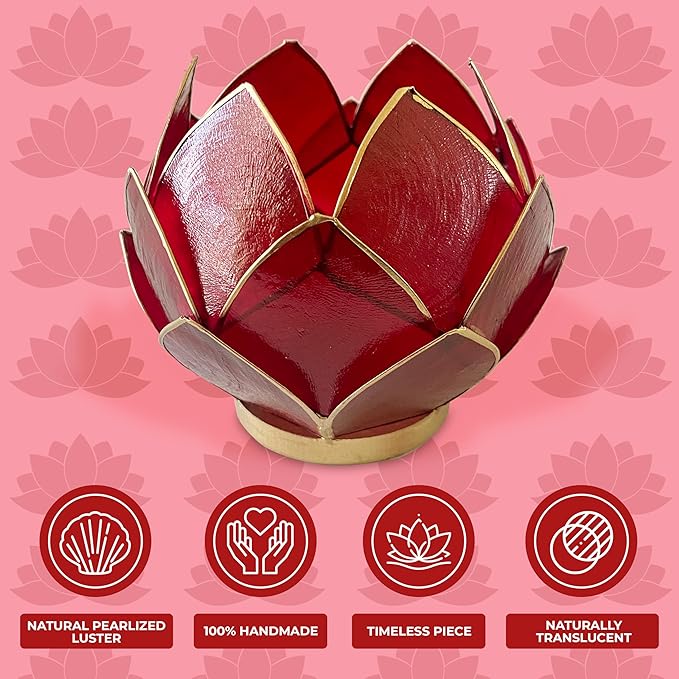 Blooming Lotus Capiz Shell Tealight Candle Holder, Handcrafted Decorative Tea Light Candleholder with Translucent Flower Petals for Ambient Illumination and Natural Elegance, Red