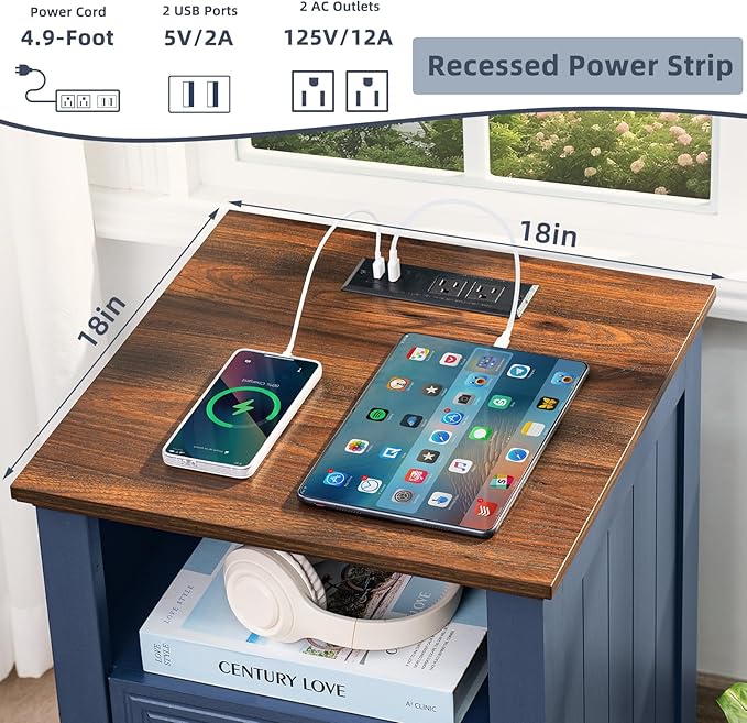 18" Farmhouse Night Stands Set of 2 with Charging Station, 2 Drawers End Table Dresser for Bedroom, Blue Wooden Nightstand, Bed Side Table with Open Shelf, Bedside Cabinet for Living Room