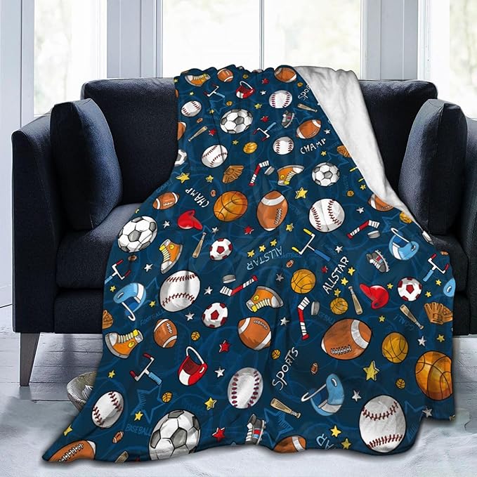 Baseball Football Basketball Sport Theme Throw Blanket 60x50 Inch Soft Fleece Blanket Men Women Gift for Kids Boys Girls for Party Couch Sofa Bed Deco Blankets