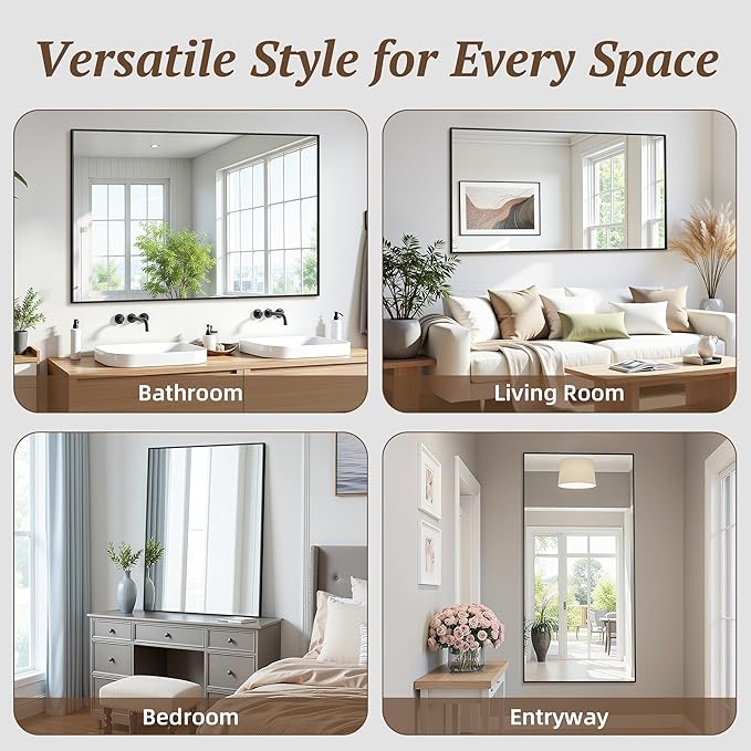 Bathroom Mirror 60" x 30", Large Rectangle Wall Mirror, Black Metal Frame Wall Mounted Mirrors for Bathroom, Vanity, Bedroom, Entryway Decor(Horizontal/Vertical)