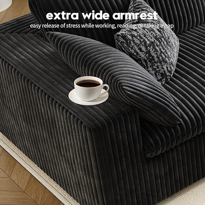 157.5" Cloud Couch Modular Sectional Sofa for Living Room,Modern Sofa with Deep Seat，L-Shape Boneless Couch with Ottoman,Comfy Upholstered Corduroy Couches for Apartment, Studio, Office,Bedroom，Black