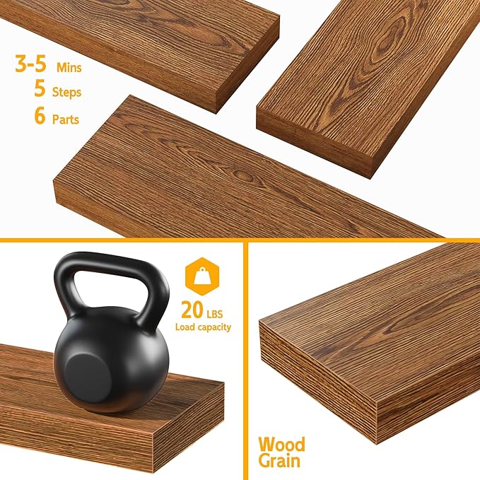 BAMEOS Floating Shelves, American Oak Wall Mounted Wooden Shelves with Invisible Brackets Set of 3, Hanging Wall Shelves Decoration for Bedroom, Bathroom, Living Room and Kitchen