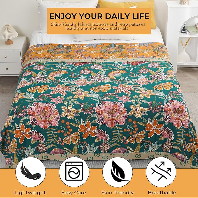 Boho Throw Blankets Reversible Luxurious Cotton Bed Throws with Vintage Bohemian Design & Yellow/Green Lightwight Floral Decor Blanket, Perfect as Bed Sofa Quilt 80" x 90"