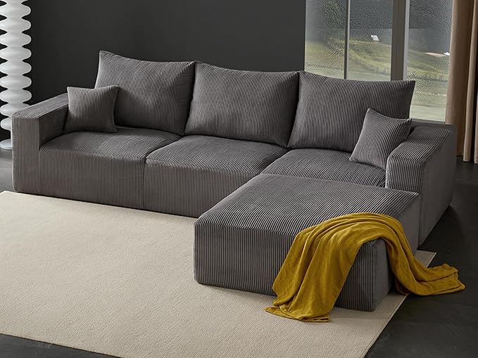 Boneless Sectional Cloud Couch Sofa for Living Room, 112" L-Shaped Modular Modern Lounge Sleeper Grey Couches with Chaise, No Assemble, Cordury Compression Upholstered Sofas