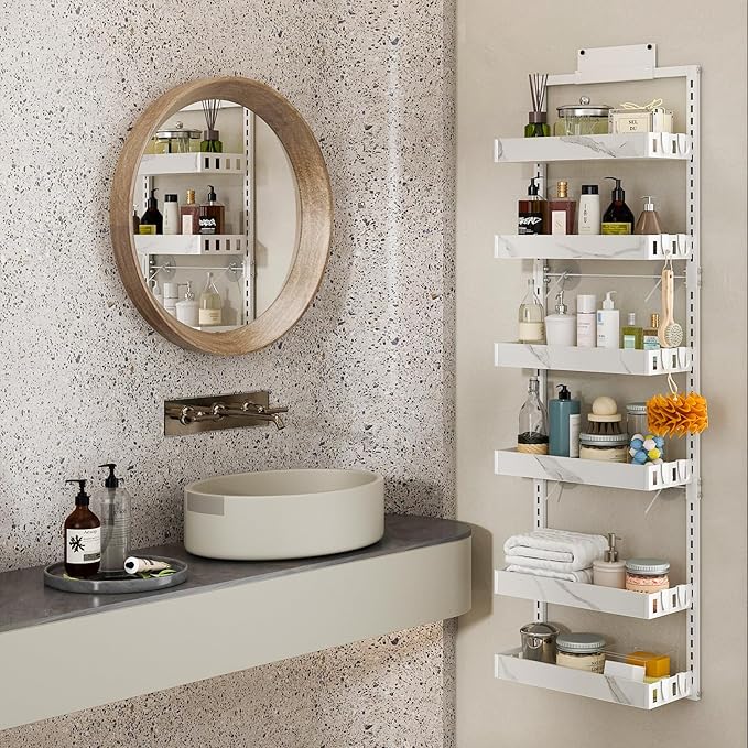 bukfen Over the Door Pantry Organizer, 6-Tier Adjustable Basket Kitchen Pantry Door Organization and Storage, Heavy-Duty Metal Hanging Kitchen Spice Rack,D6.3 x W17.32 x H50.60 inch,White Marble Color