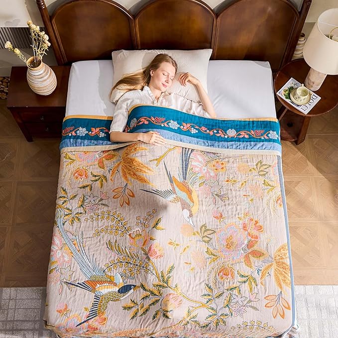 Boho Blanket, 100% Cotton Farmhouse Decorative Throw Blanket, 60"x80" Reversible Bohemian Throw Blanket, Brown All Season Muslin Breathable Woven Blankets Quilt