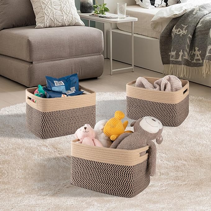 4 Pack Storage Baskets for Organizing, Woven Baskets for Shelves - Perfect for Toys, Books, Towels, and Clothes, Durable Gift Basket Bins Toy Storage, 13''L x9''W x7.8''H, Black and Brown