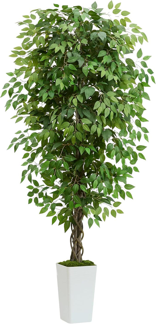 Artificial Ficus Tree 6FT Faux Plants Indoor Tall Fake Plants with White Planter, Green Lifelike Lush Fake Ficus Tree for Home Living Room Bedroom Outdoor Balcony House Office Decor