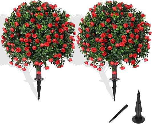 Artificial Boxwood Topiary Tree with Rose, Set of 2 Artificial Shrub Bushes with Ground Spike, Fake Evergreen Tree for Porch, Artificial Plants for Outdoor Planters Indoor UV Resistant