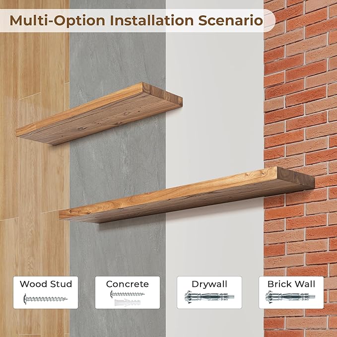 Axeman Floating Shelves for Wall - 32''W x 8'' D Rustic Solid Elm Wood Shelves for Storage, Wall Mounted Display Shelving with Invisible Heavy-Duty Metal Bracket (Natural, 2PCs)