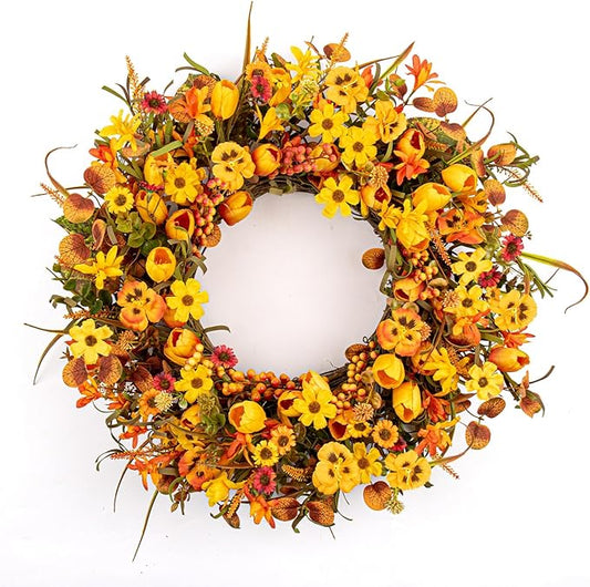 22 Inches Fall Wreaths for Front Door Rustic Autumn Wreath Farmhouse Fall Floral Wreaths with Tulips Orange Wildflowers for Wall Window Porch Indoor Outside