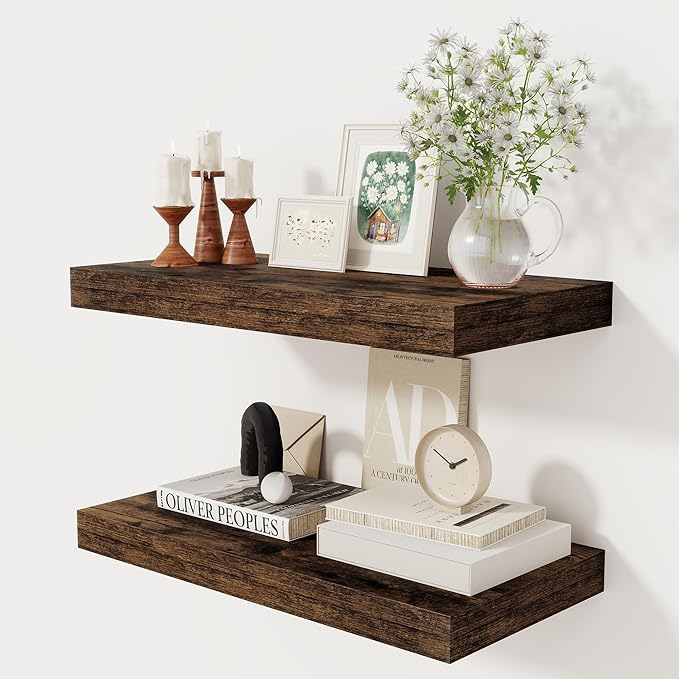 12 Inch Deep Floating Shelves, 24 x 12 Floating Shelf for Books, Rustic Wood Deep Wall Shelves for Home Storage & Display, 2" Thicked Shelves for Kitchen, Living Room, Bedroom, Rustic Brown, 2 Pack