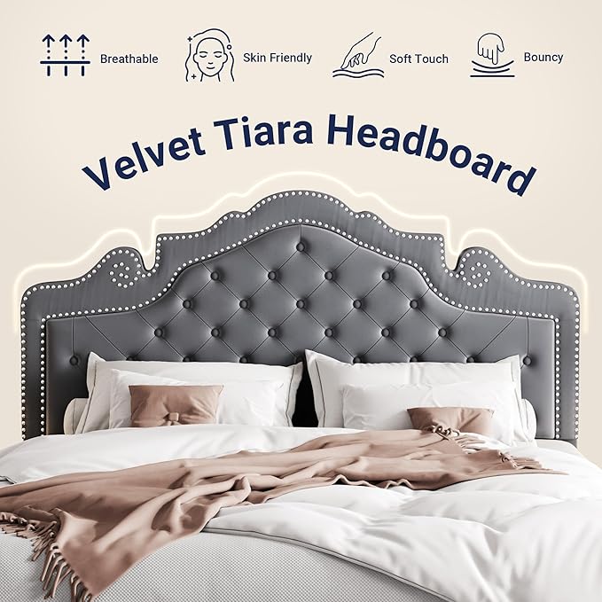 Allewie Queen Size Bed Frame with Adjustable Velvet Tiara Headboard, Upholstered Diamond Button Tufted Platform Bed, Wood Slats Support, No Box Spring Needed, Light Grey