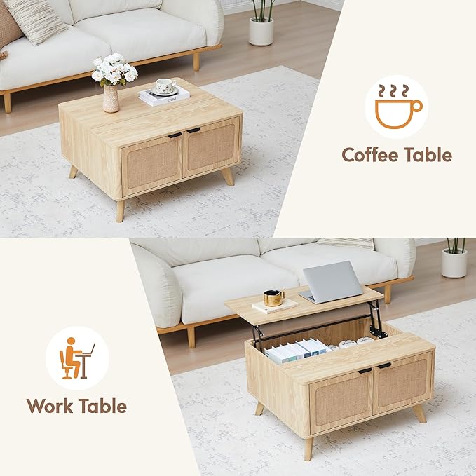 AVZEAR Wood Lift Top Coffee Table with Storage, Boho Modern Coffee Table with Nature Linen Doors & Large Hidden Storage, Rounded Corners Center Table Farmhouse Coffee Tables for Living Room, Natural