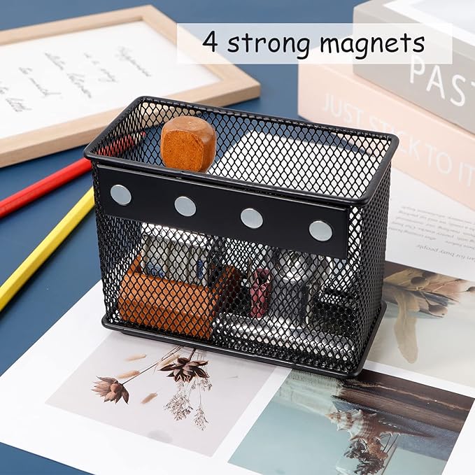 4.5'' × 2.2'' × 3.5'' Magnetic Basket for Whiteboard Black Magnetic Basket for fridge, Magnetic Locker Organizer Holder with 4 Strong Magnets, Magnetic Holder for Refrigerator Locker,