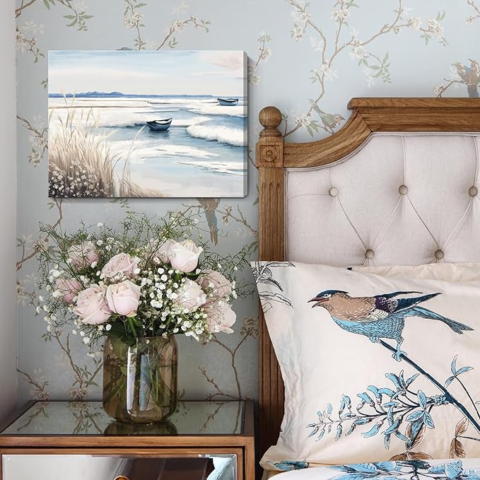 amatop Coastal Wall Art - Nautical Ocean Canvas Print with Light Blue & White Seascape, Boat, Reeds - Beach Picture for Modern Farmhouse, Lake House, Bedroom, Bathroom, Beach-Themed Artwork，16x12