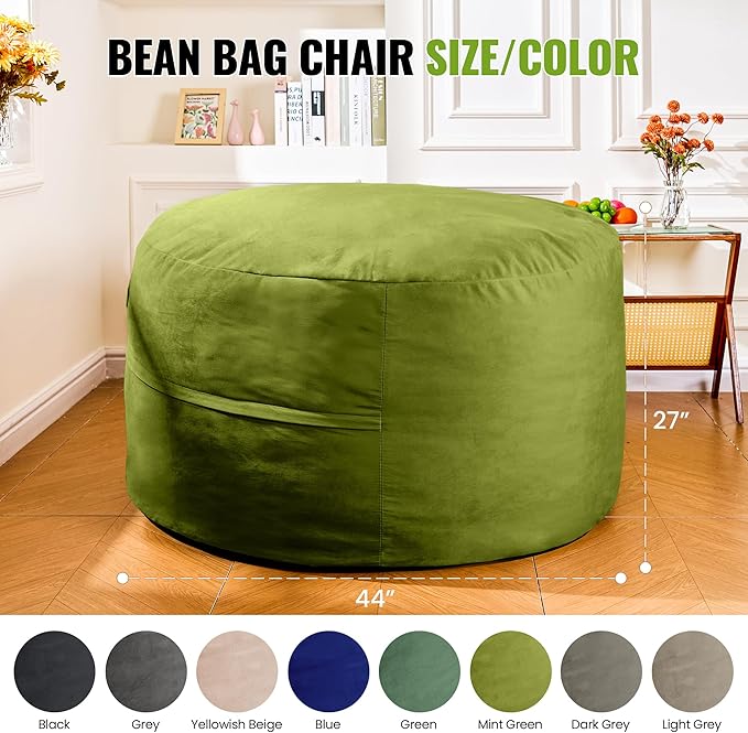 4FT Bean Bag Chair: Bean Bag with Velvet Cover, Fluffy and Comfy Bean Bag Chairs for Adults and Kids, Bean Bag Sofa Filled with High-Density Sponge for Gaming (Mint Green)