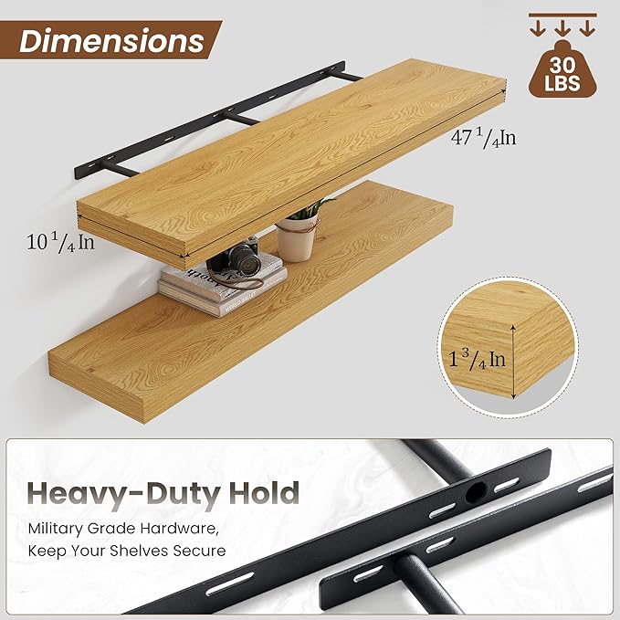 Heimlove 48" Floating Shelves for Wall,10 Deep Rustic Wood Storage Wall Shelves with Heavy Duty Brackets for Bathroom,Bedroom,Kitchen,Living Room,Office,Set of 2,Oak Color