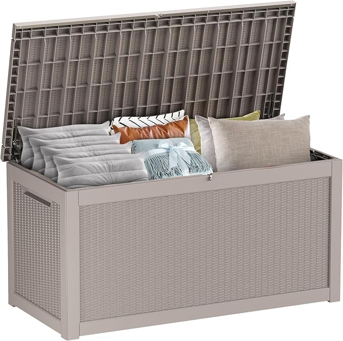 267 Gallon Deck Box Large Outdoor Storage for Patio Furniture,Outdoor Cushions,Garden Tools and Pool Supplies,Waterproof,Resin,Lockable(Grey Rattan)