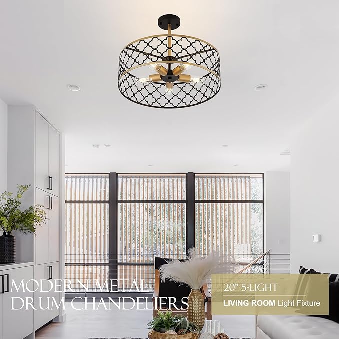 5-Light Drum Chandeliers for Dining Room,19.7" Rustic Farmhouse Dining Room Light Fixture, Black&Gold Metal Hanging Pendant Light for Living Room Bedroom Kitchen Entryway Foyer