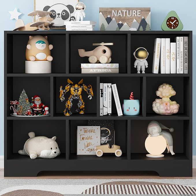 Book Shelf, 10 Cubes Storage Organizer, Freestanding Black Bookshelf Cube Shelf for Bedroom, Living Room, 3-Tier Open Bookshelf Wooden Bookcase