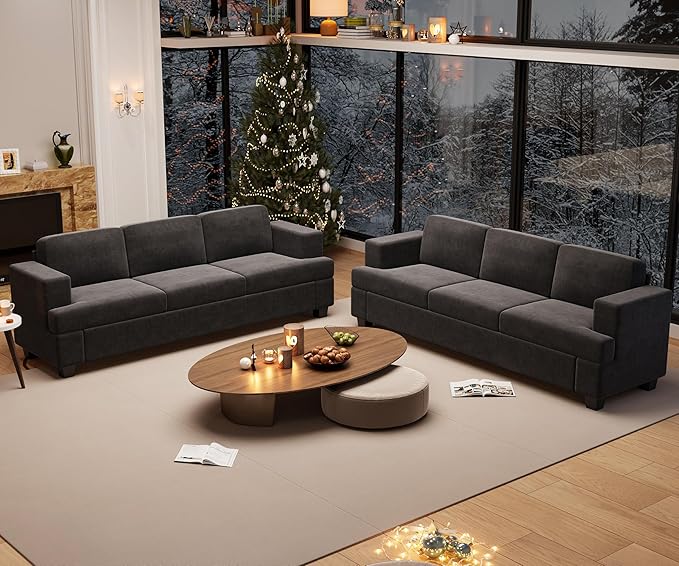 2 Piece Set Comfy Sofa Couch, 2 3-Seater Sofa with Deep Seats, Modern Sleeper Couch for Living Room, Dark Grey Chenille