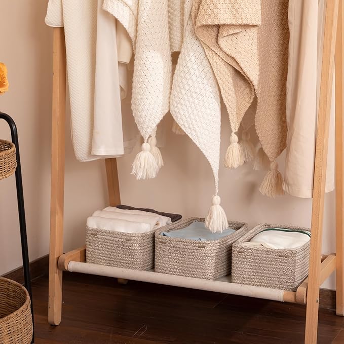 3 Pack Small Storage Baskets for Organizing, Cute Woven Decorative Gift Baskets for Shelves, Mini Closet Organizer Bins with Handles, 11.81''Lx7.87''Wx4.72''H-Brown