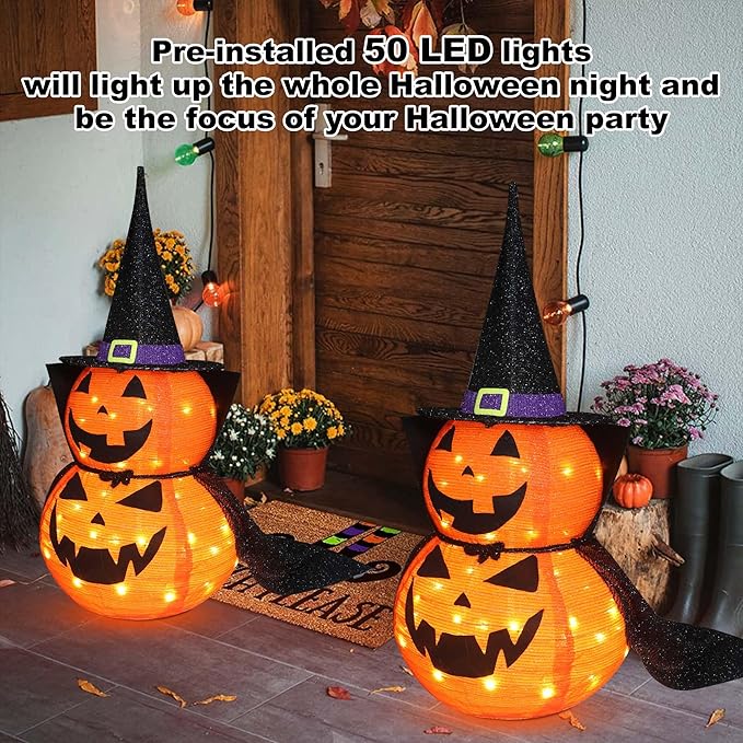 3FT Halloween Collapsible Pumpkin Decoration, 50 LED Pop-Up Pumpkin Lamp with Star Cap, Plug in Halloween Jack-O-Lantern with Metal Stand for Indoor Outdoor Garden Patio Party Decor