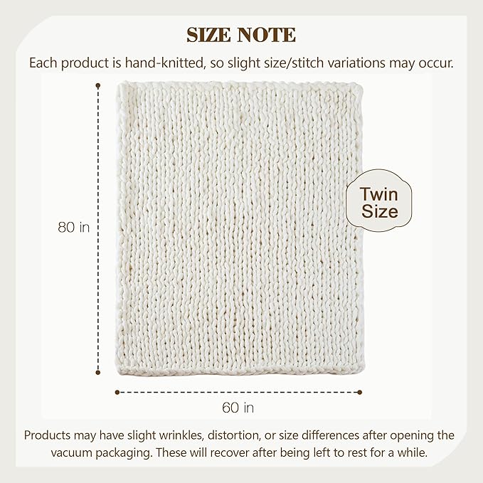 Carriediosa Chunky Knit Throw Blanket 60" X 80" Twin, 100% Hand Made Large Chenille Loop Yarn Soft Fluffy Throws for Couch Sofa Bed, Big Crochet Cozy Heavy Thick Cable Woven Blankets, Cream White