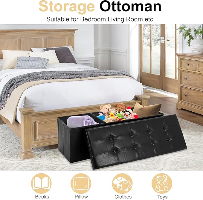 43 Inches Folding Storage Ottoman Bench, PU Leather Storage Chest, Footrest Padded Seat for Bedroom and Hallway, Holds up to 660 lbs, Black
