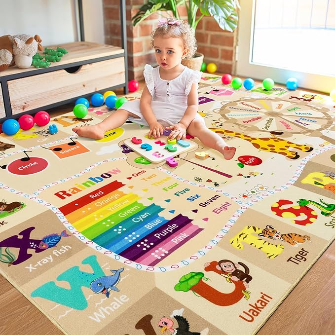 7x10 Playroom Rugs for Kids Washable, Educational and Fun Playmat with ABC Alphabet Animals Shapes Colors, Non-Slip Play Mat Learning Rug for Baby Toddler Children Game Activity，Beige, Pink
