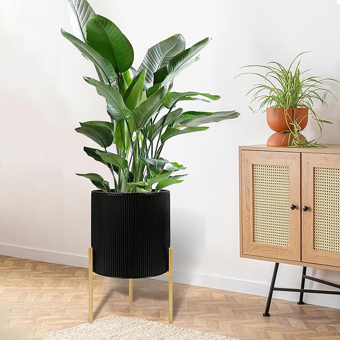 ARNIS Modern Plant Pots, Set of 2 Round Large Planters with Stand, Large Size Metal Pots with Drainage Holes for Living Room, Office, Garden or Balcony, 10.5 &12.25 Inch, Black & Gold