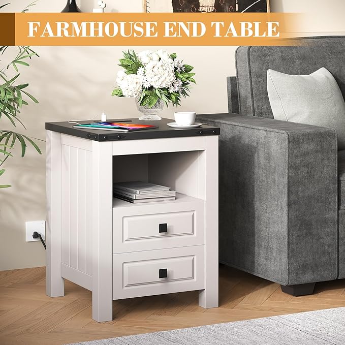 Apicizon End Table, Farmhouse End Tables with Charging Station, Nightstand with Drawers and Storage Cabinet, Wood Coffee Table for Small Spaces, Sofa Side Table for Living Room, Bedroom