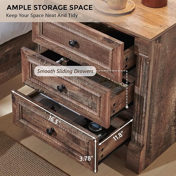 26" Tall Farmhouse Nightstand, 3 Drawers End Table w/Charging Station, 23.6" Wide Large Side Table w/Roman Column, Wood Rustic Sofa Table for Bedroom, Light Brown