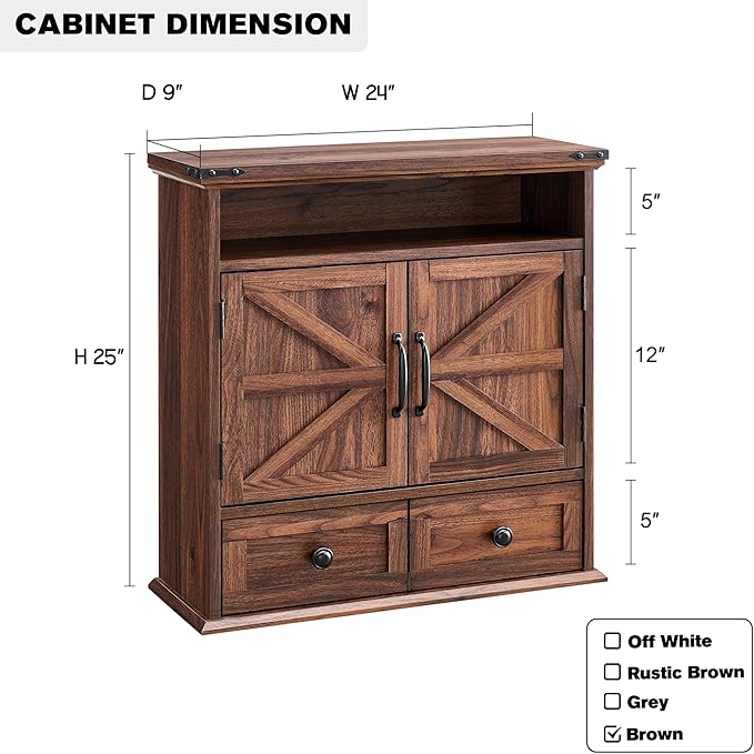 Bathroom Wall Cabinet, Farmhouse Medicine Cabinet, 24" Wide Cabinet with Drawer, Adjustable Shelf, Double Barn Doors, Storage Cabinet for Bathroom, Kitchen, Living Room, Brown