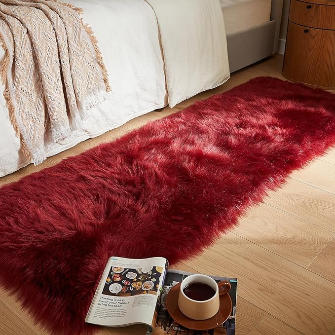AMTOVO Faux Fur Rug, Burgundy Ultra Soft Fluffy Shag Sheepskin Rug, 2 x 6 ft Runner Area Rugs for Bedroom Sofa Throw Cushion Room Decor, Rectangle