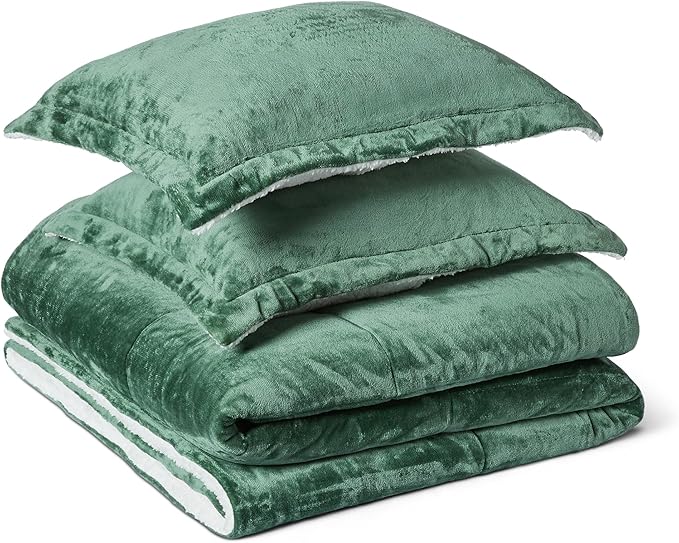 Amazon Basics Reversible Sherpa Comforter Set with Pillow Sham, Green, King