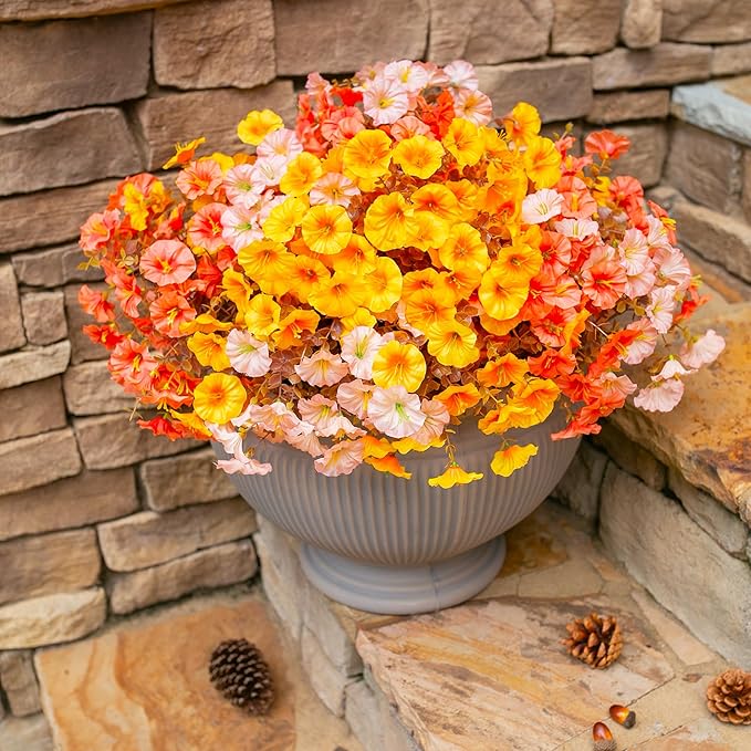 Artificial Mums for Outdoors Fake Fall Flowers Plants for Autumn Decoration, 12 Bundles Silk Morning Glory with Eucalyptus Look Real UV Resistant Faux Mums for Outside Planters Yard Patio Porch, Mix