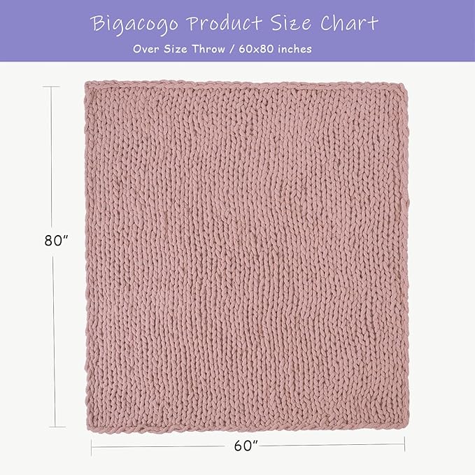 Bigacogo Chunky Knit Throw Blanket for Couch, 60x80 inches, 100% Hand Knitted with Thick Jumbo Chenille Yarn, Cozy Soft Large Rope Knot Cable Crochet Blankets for Sofa Bed Living Room, Dusty Pink